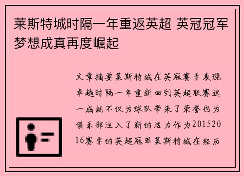 莱斯特城时隔一年重返英超 英冠冠军梦想成真再度崛起 莱斯特城时隔一年重返英超 英冠冠军梦想成真再度崛起