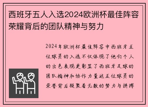 西班牙五人入选2024欧洲杯最佳阵容荣耀背后的团队精神与努力 西班牙五人入选2024欧洲杯最佳阵容荣耀背后的团队精神与努力
