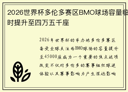 2026世界杯多伦多赛区BMO球场容量临时提升至四万五千座
