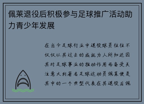 佩莱退役后积极参与足球推广活动助力青少年发展 佩莱退役后积极参与足球推广活动助力青少年发展