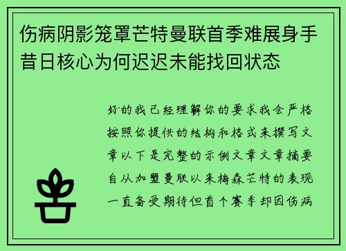 伤病阴影笼罩芒特曼联首季难展身手昔日核心为何迟迟未能找回状态